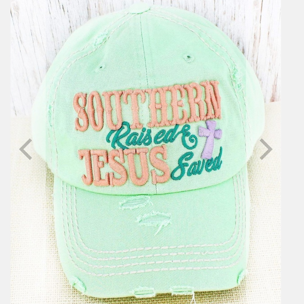 Distressed Mint “Southern Raised Jesus Saved” Cap